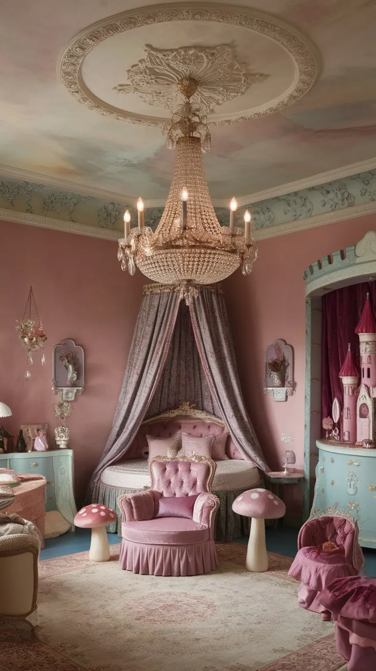 A vintage princess bedroom featuring a crystal chandelier, pink walls, and elegant decor.
