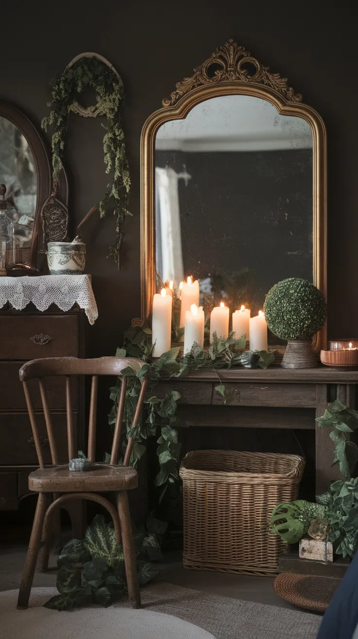 A cozy dark bedroom featuring an ornate gold mirror, candles, and greenery.