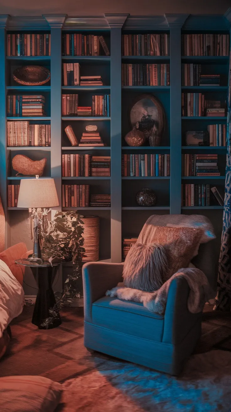 A cozy bedroom corner featuring a bookshelf filled with stacked books and unique decor items.