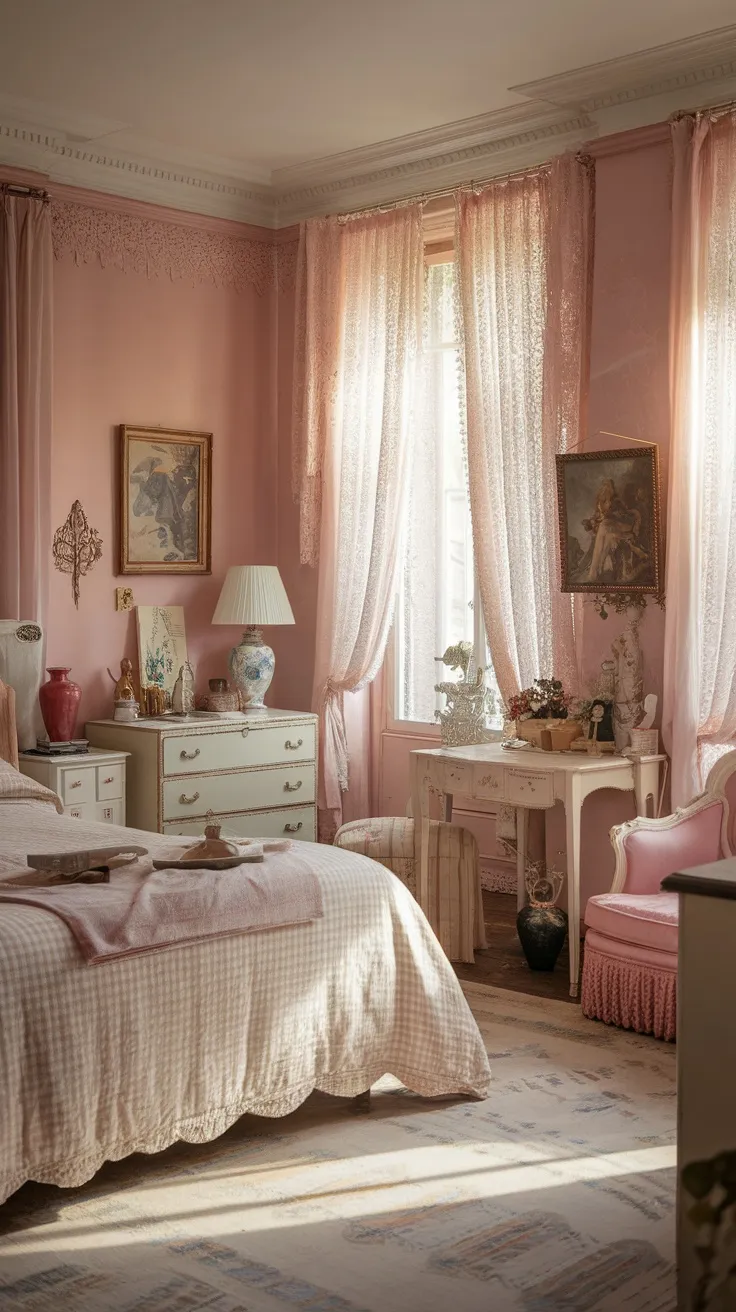 A cozy French bedroom with pink walls, lace curtains, and vintage furniture