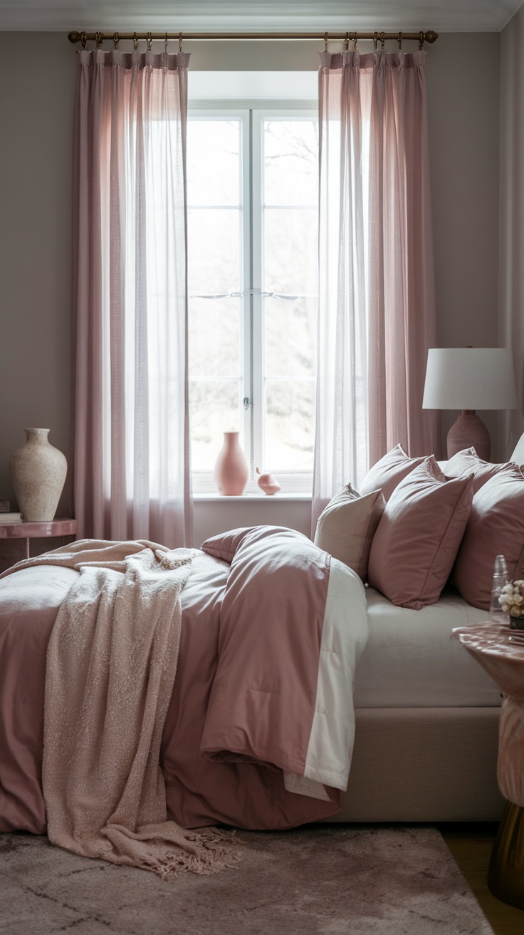 A cozy bedroom featuring dusty pink bedding, plush pillows, and soft curtains by the window.