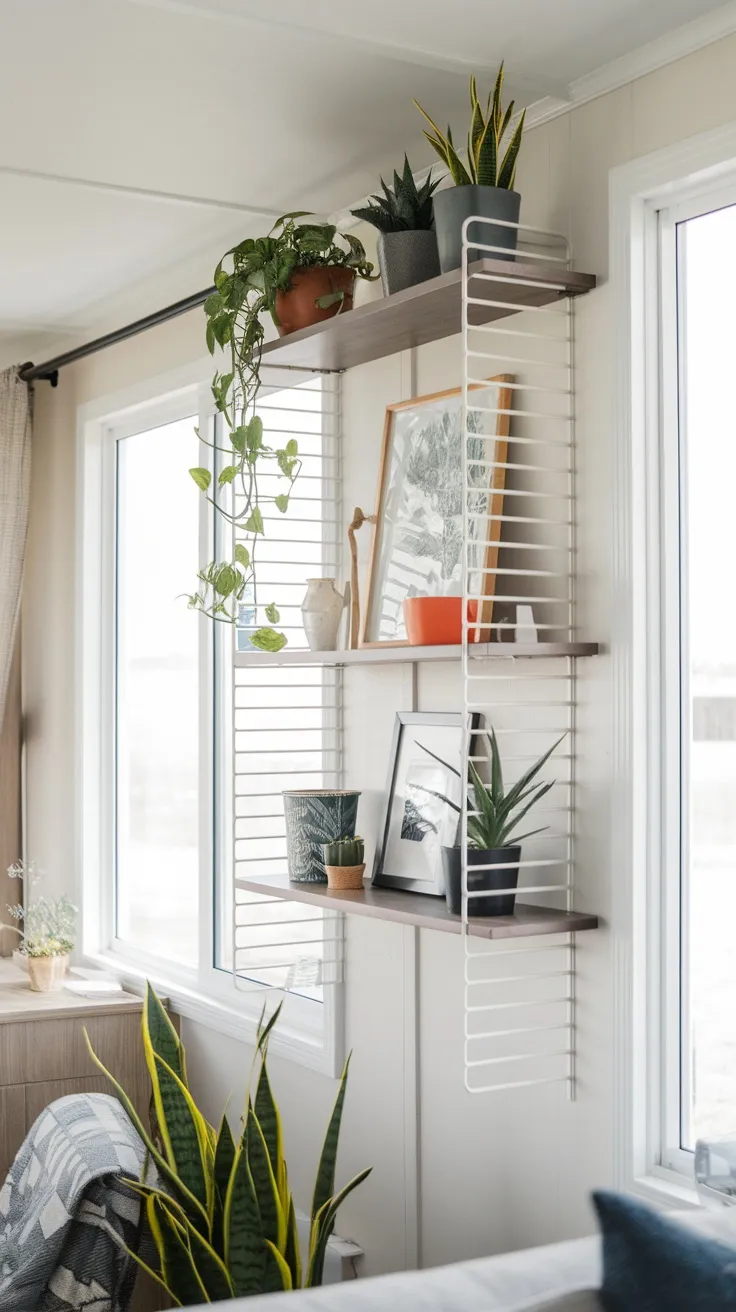 Floating shelves with plants and decorative items in a bright room