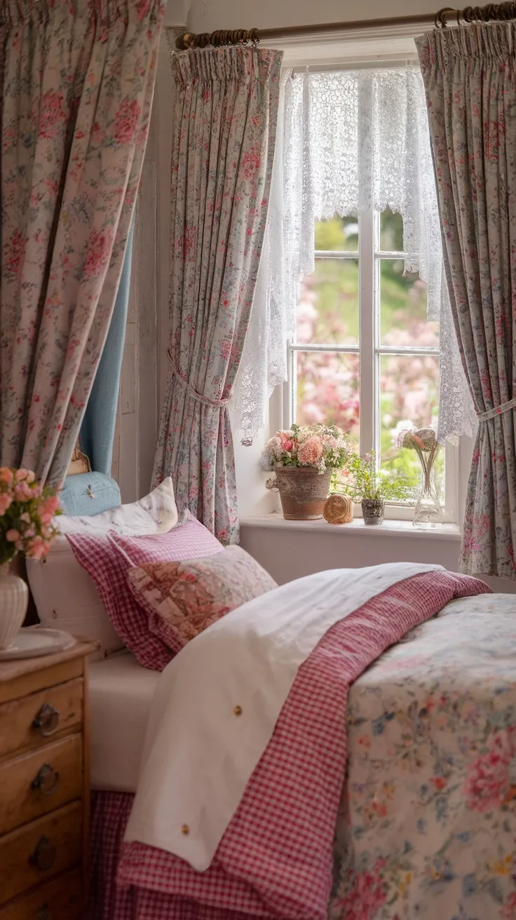 Cozy bedroom with floral and gingham bedding, matching curtains, and potted plants by the window.