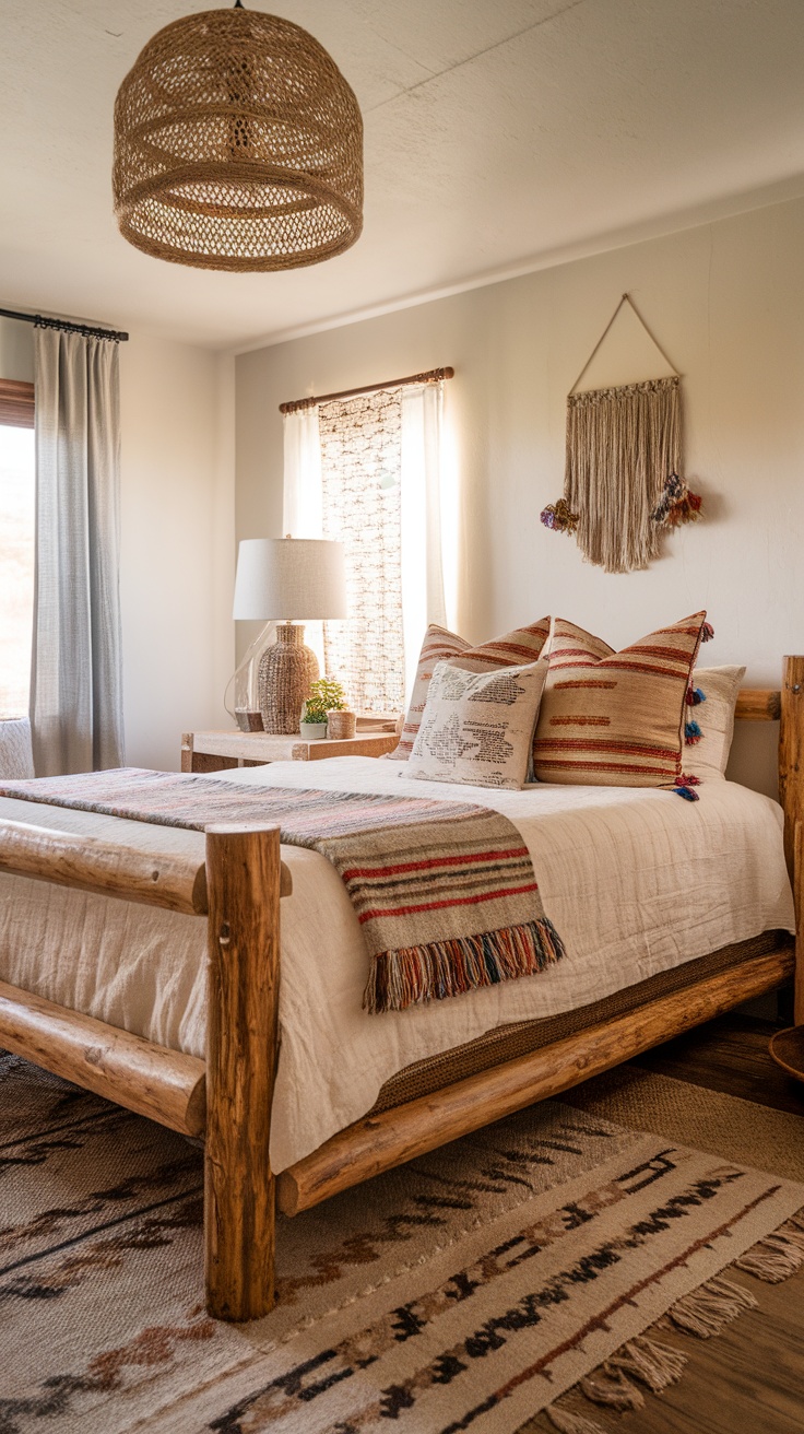 Cozy bedroom featuring pillows with fringe details, warm bedding, and a rustic wooden bed.