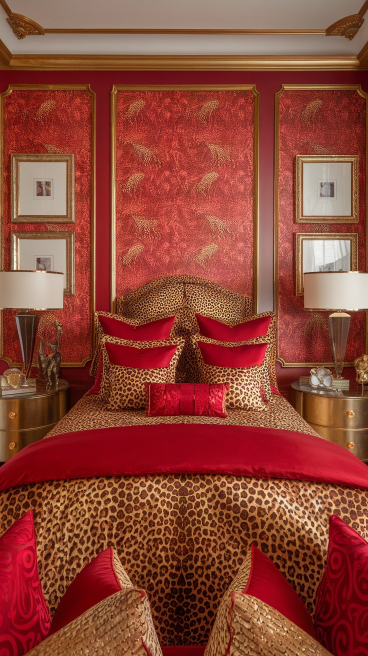 A luxurious bedroom with red walls, cheetah print bedding, and gold accents.