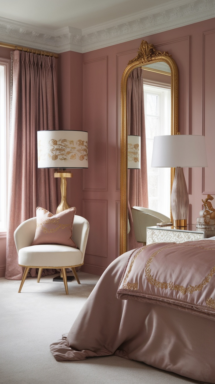 A beautifully decorated bedroom featuring dusty pink walls complemented by gold details in the mirror and lamps.