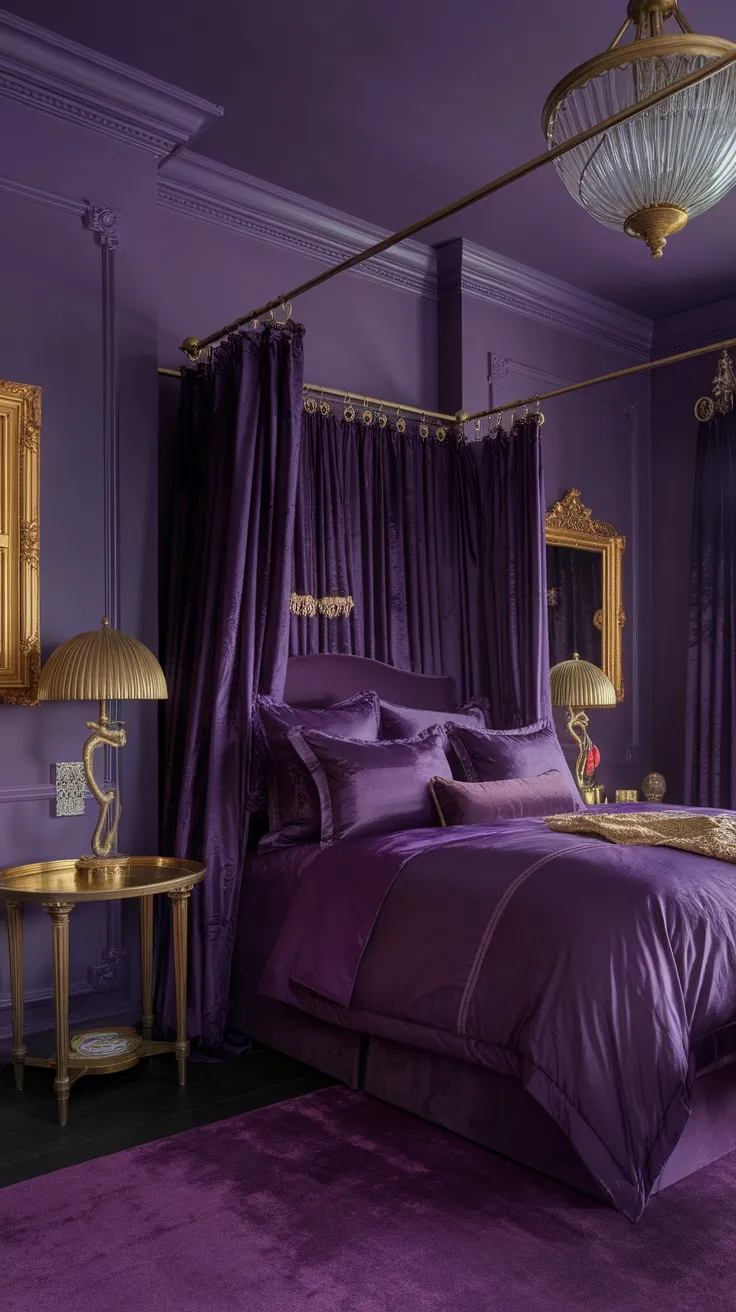 Cozy bedroom featuring deep purple walls and bedding, accented with gold and brass decor.