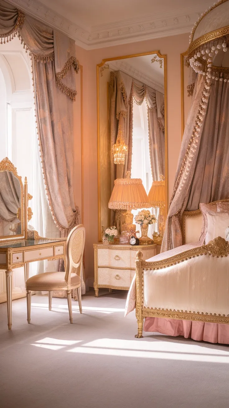 A vintage princess bedroom with gold and pearl decor accents, featuring elegant curtains, a lavish bed, and a stylish vanity.