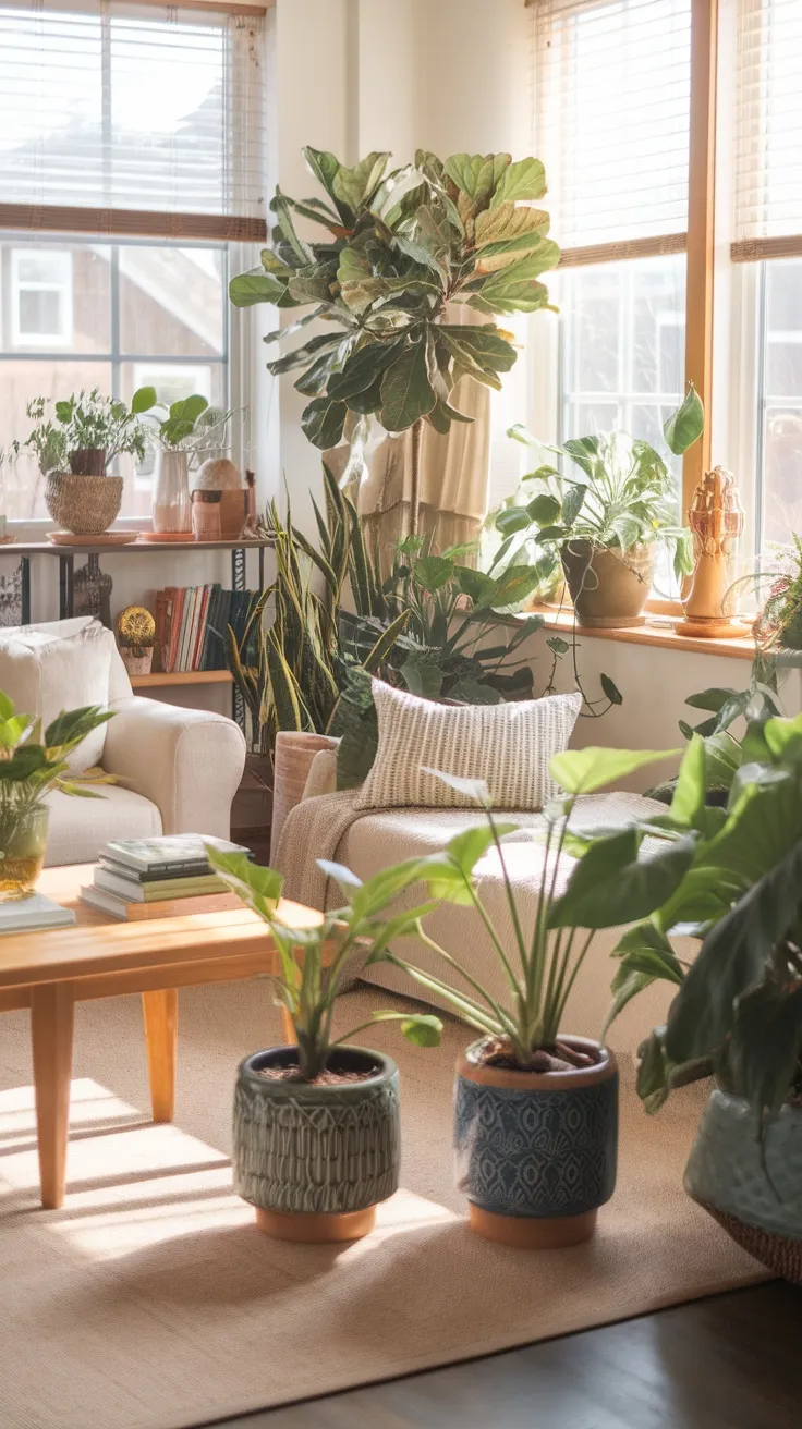 A bright living room filled with various green plants in stylish pots, creating a fresh and lively atmosphere.