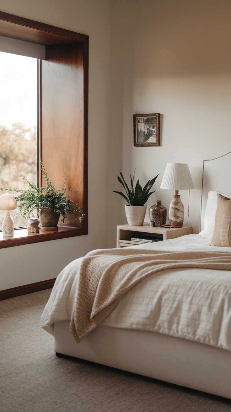 A cozy bedroom with potted plants by the window featuring various greenery and a soft beige color scheme.