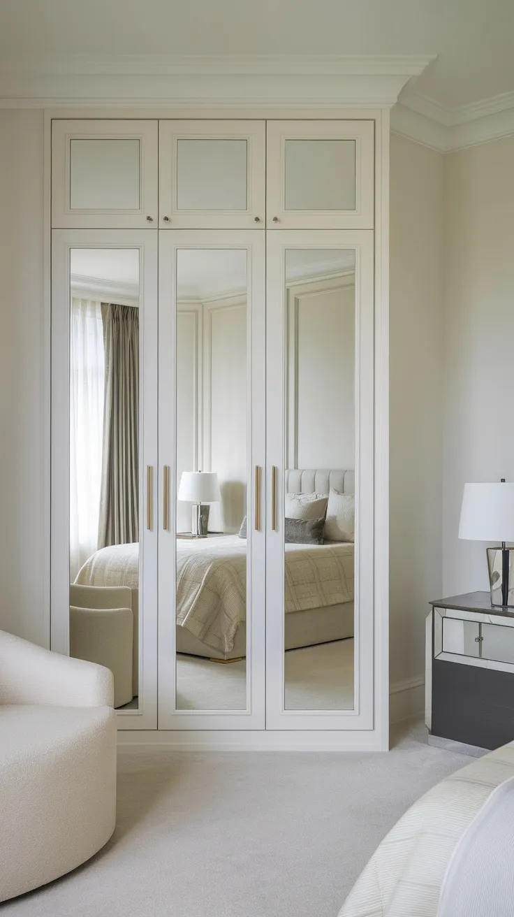 A bedroom with mirror panels on closet doors, creating a spacious and bright atmosphere.
