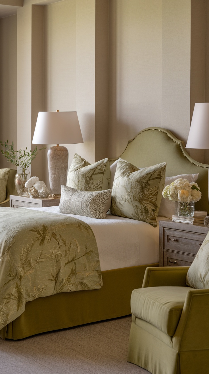 Olive green bedroom with matching furniture and decor