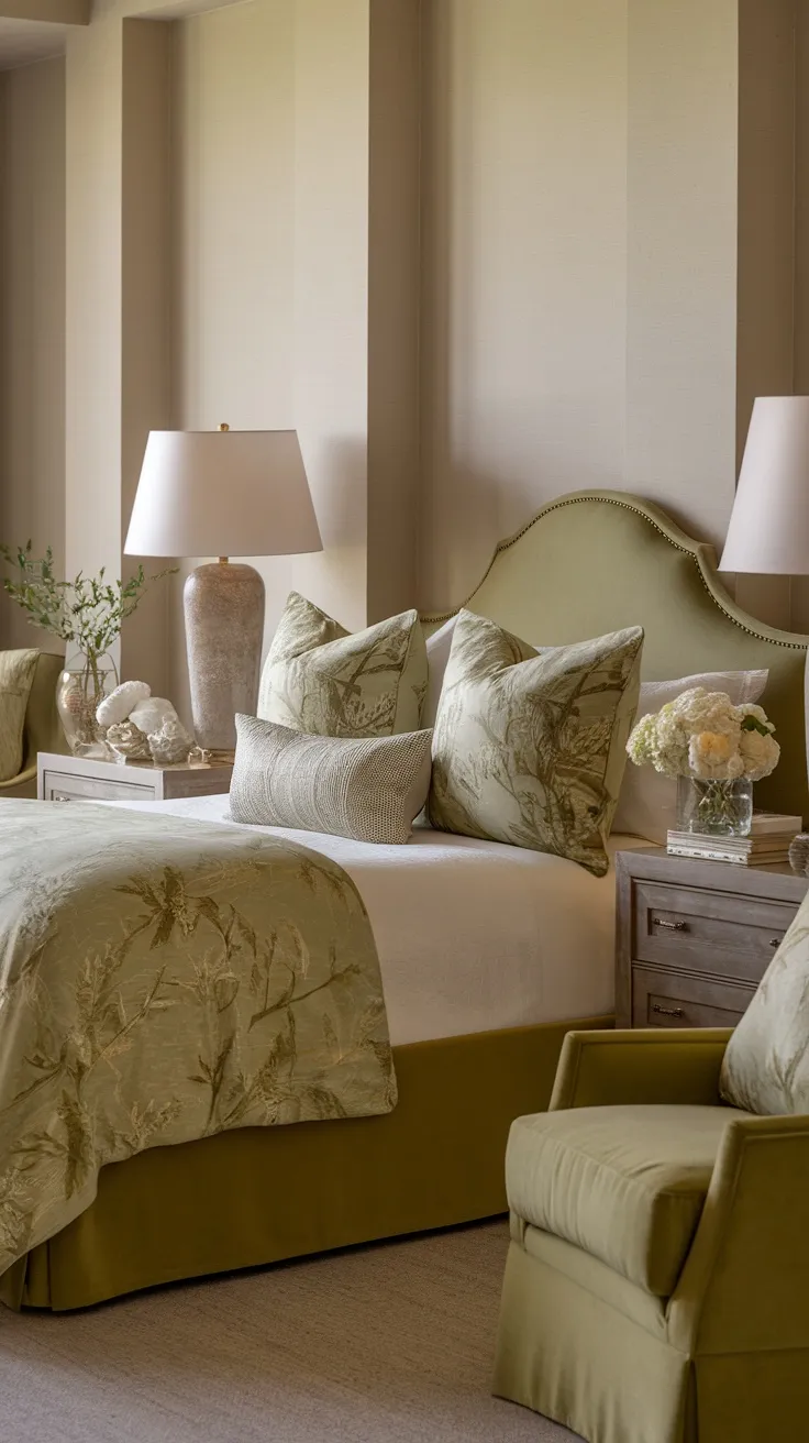 Olive green bedroom with matching furniture and decor