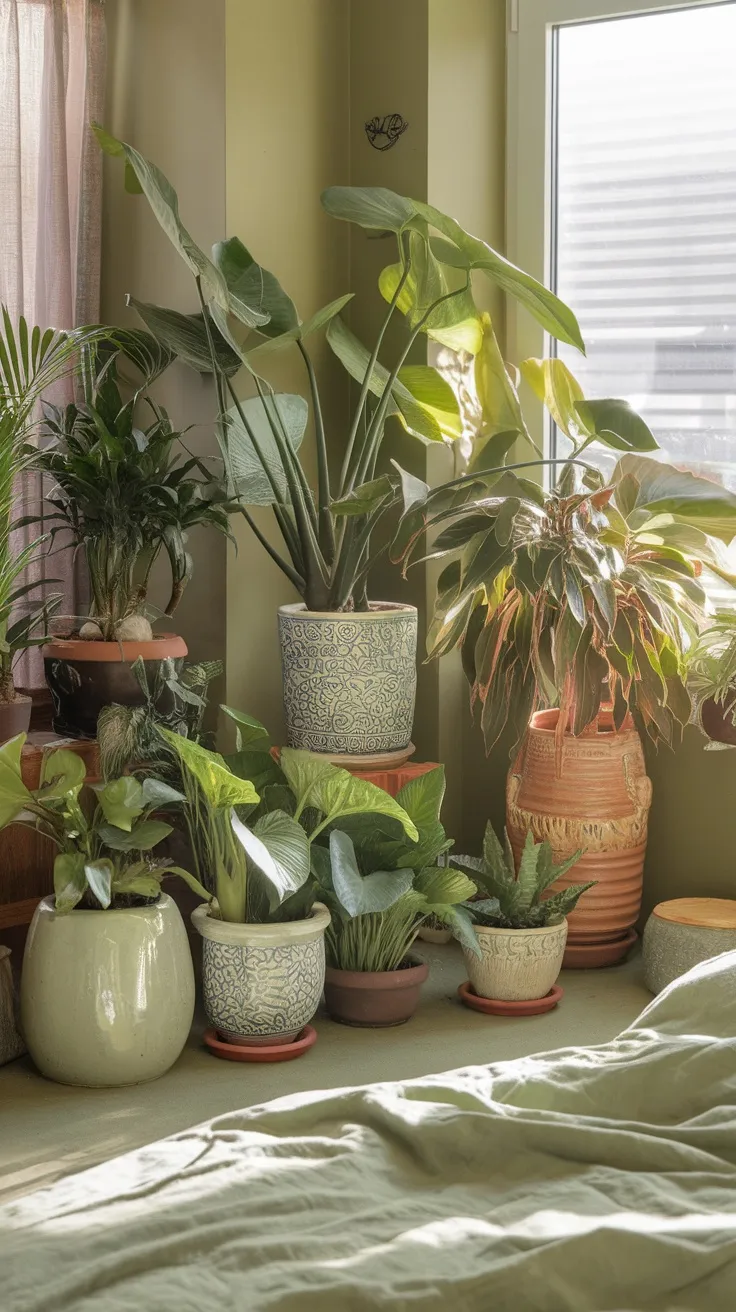 A cozy olive green bedroom corner filled with various plants in decorative pots, featuring a tall plant by the window and smaller plants on the floor.