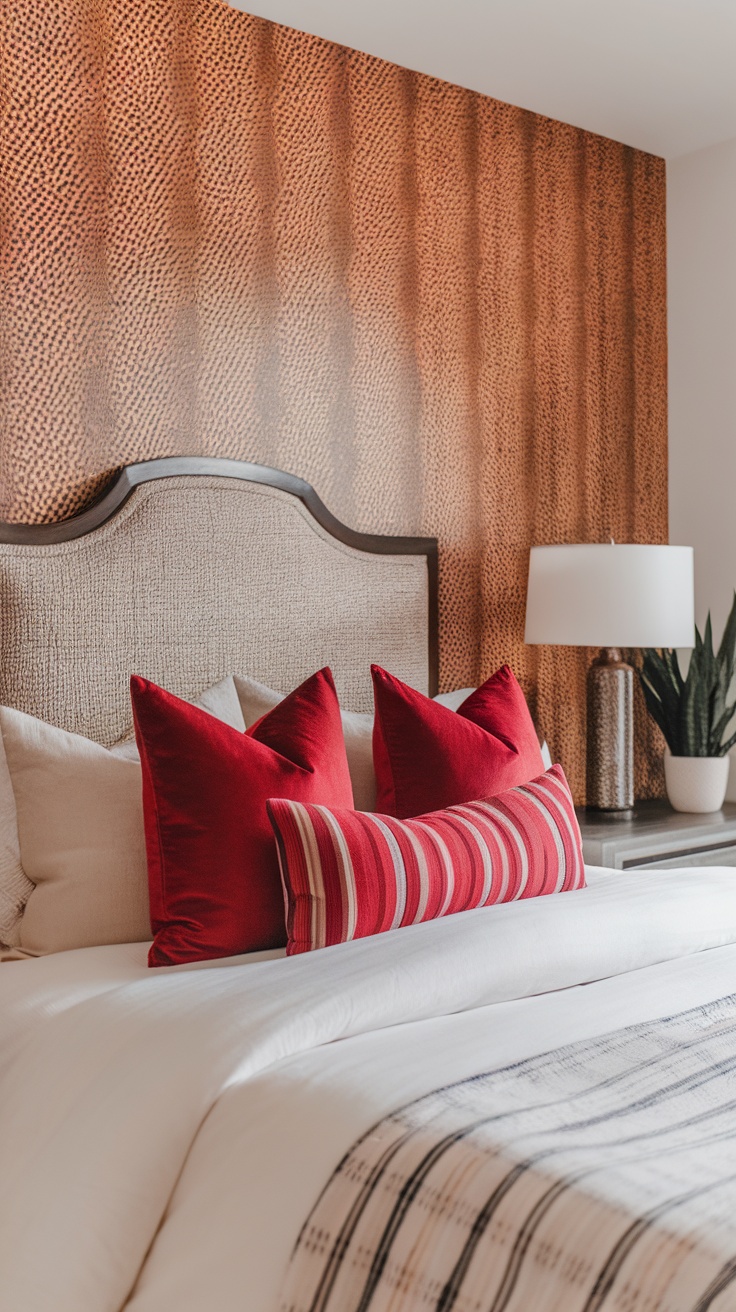 A cozy bedroom featuring red throw pillows on a white bed, with a cheetah print accent wall.