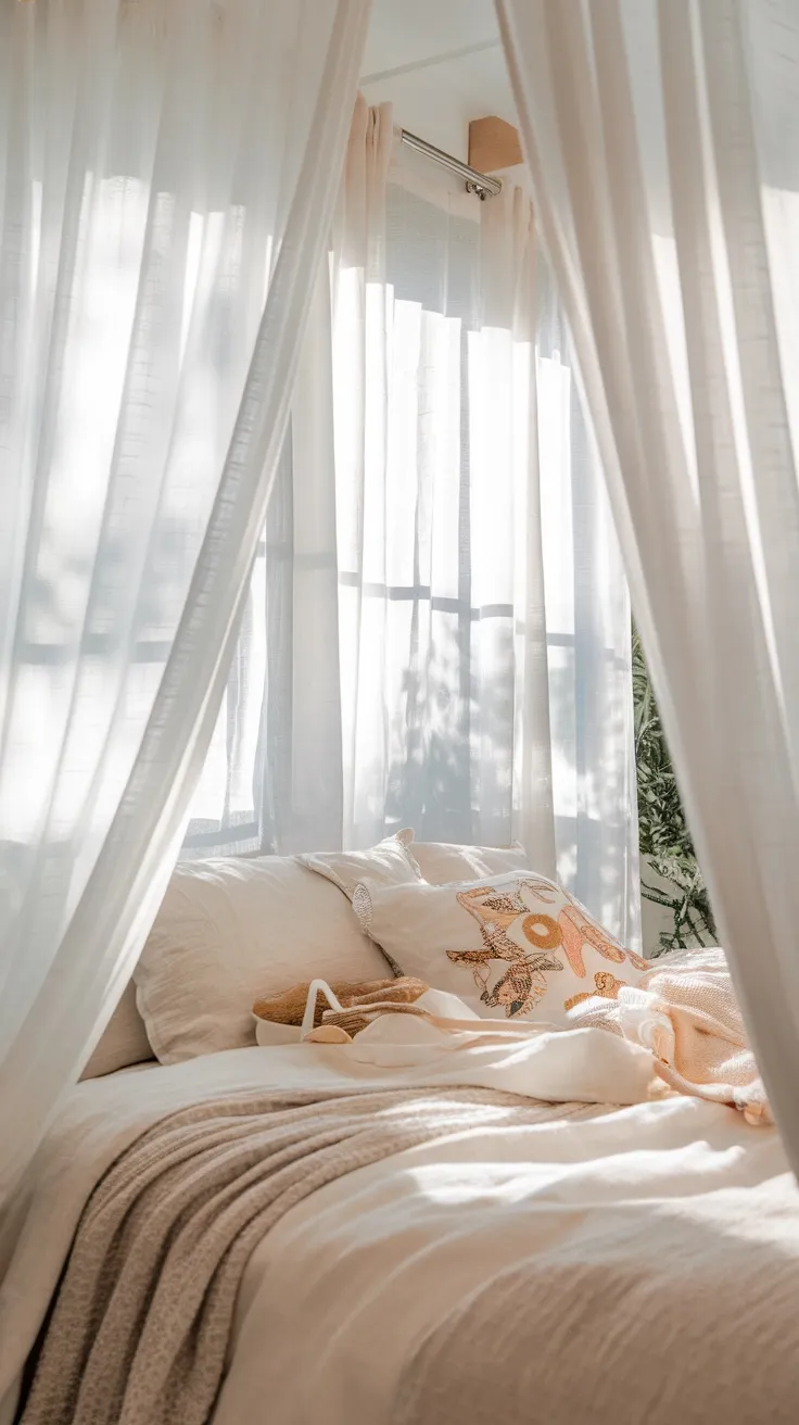 A cozy bedroom with sheer curtains allowing natural sunlight to fill the space.