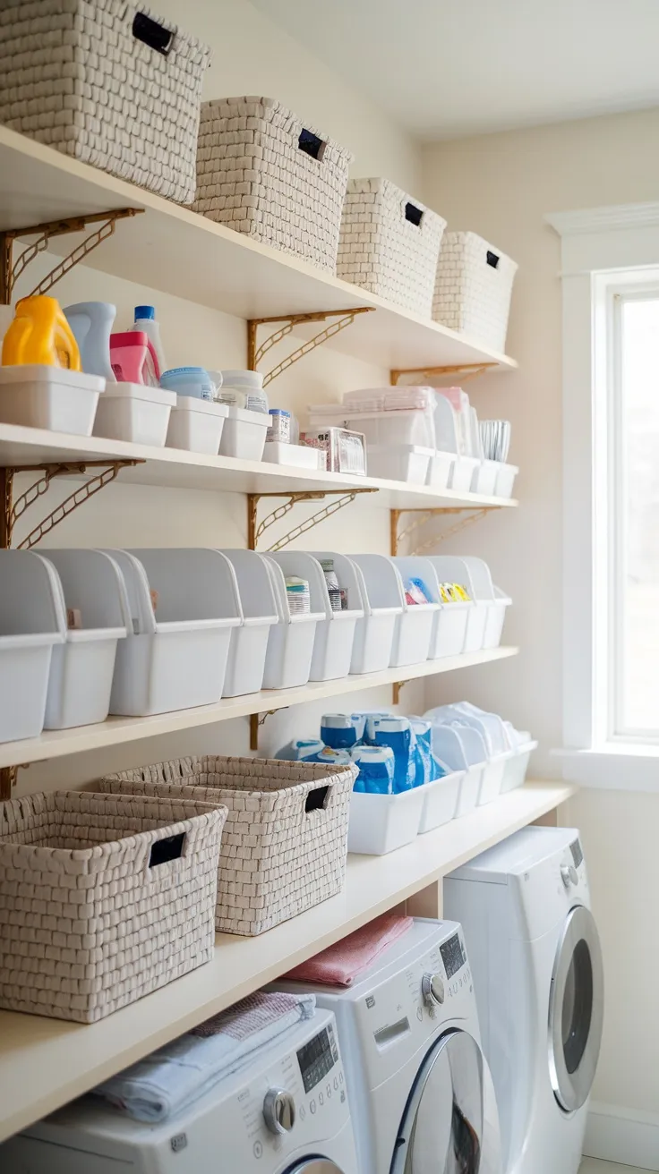 A well-organized laundry room with shelves holding storage baskets and bins.
