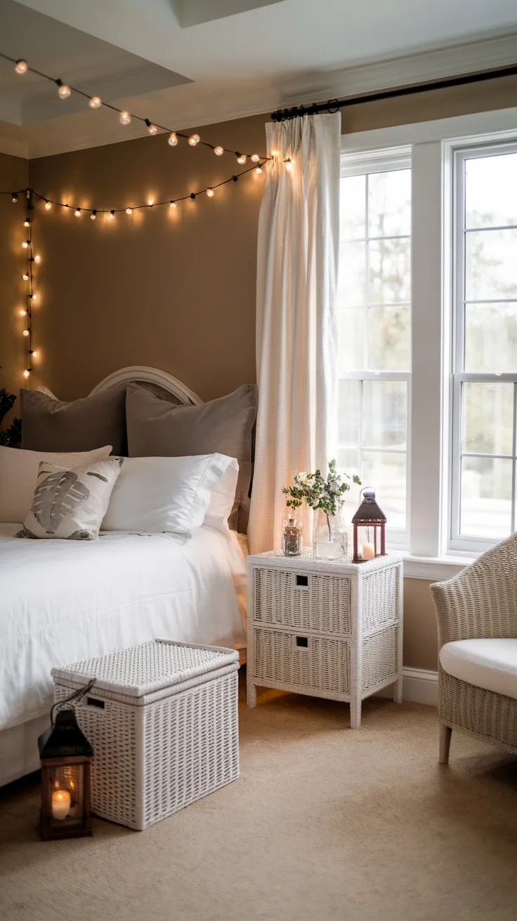 A cozy bedroom with string lights and lanterns for a warm and inviting summer vibe.