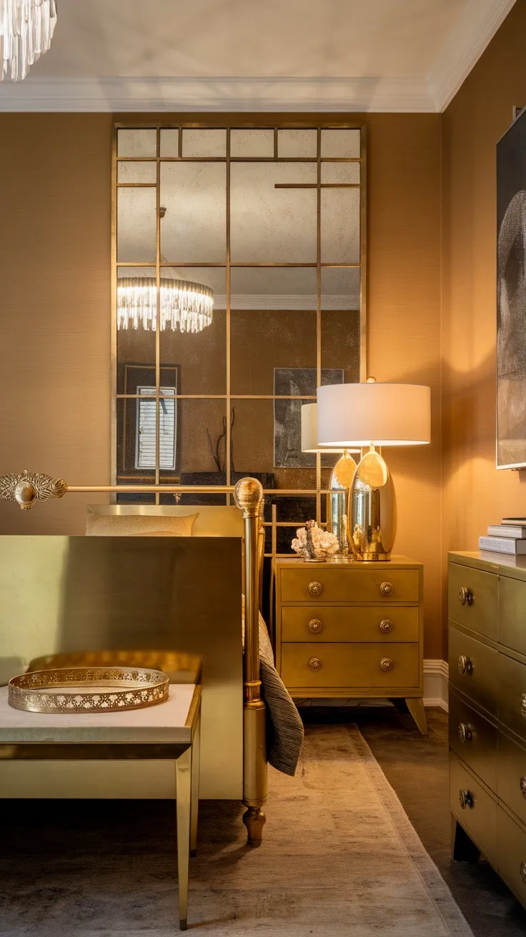 A modern traditional bedroom featuring gold and brass accents with a large mirror, stylish lamp, and warm color palette.
