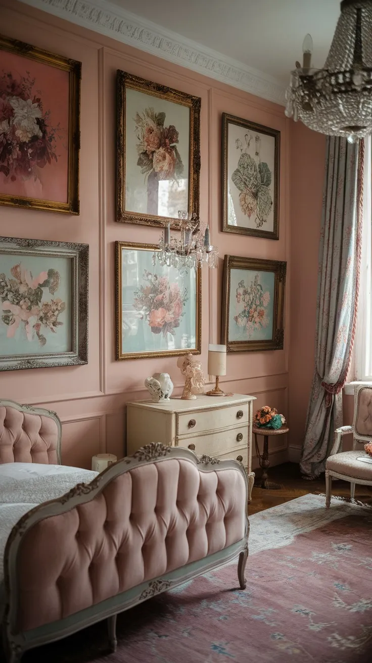 A vintage bedroom with pink walls, framed floral artwork, and elegant furniture.