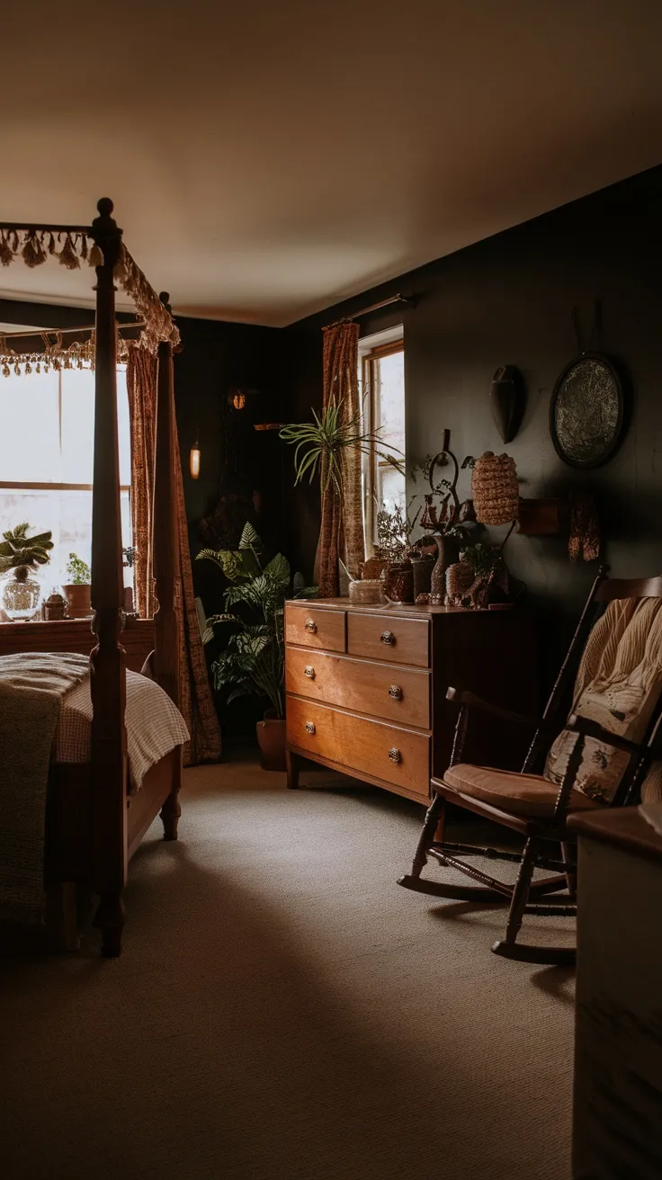 A cozy dark cottagecore bedroom featuring vintage wooden furniture, plants, and warm tones.