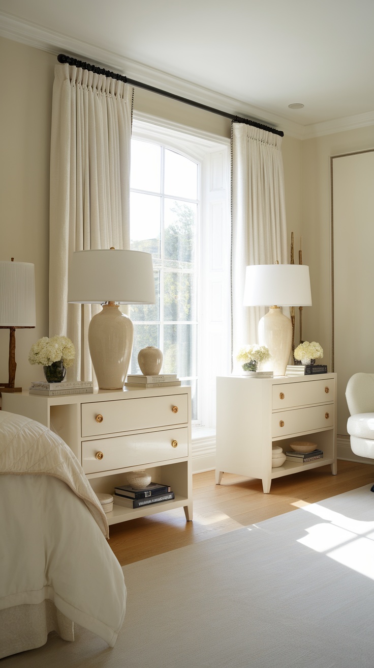 A bright bedroom with white nightstands and cream accessories, including lamps and flower arrangements.