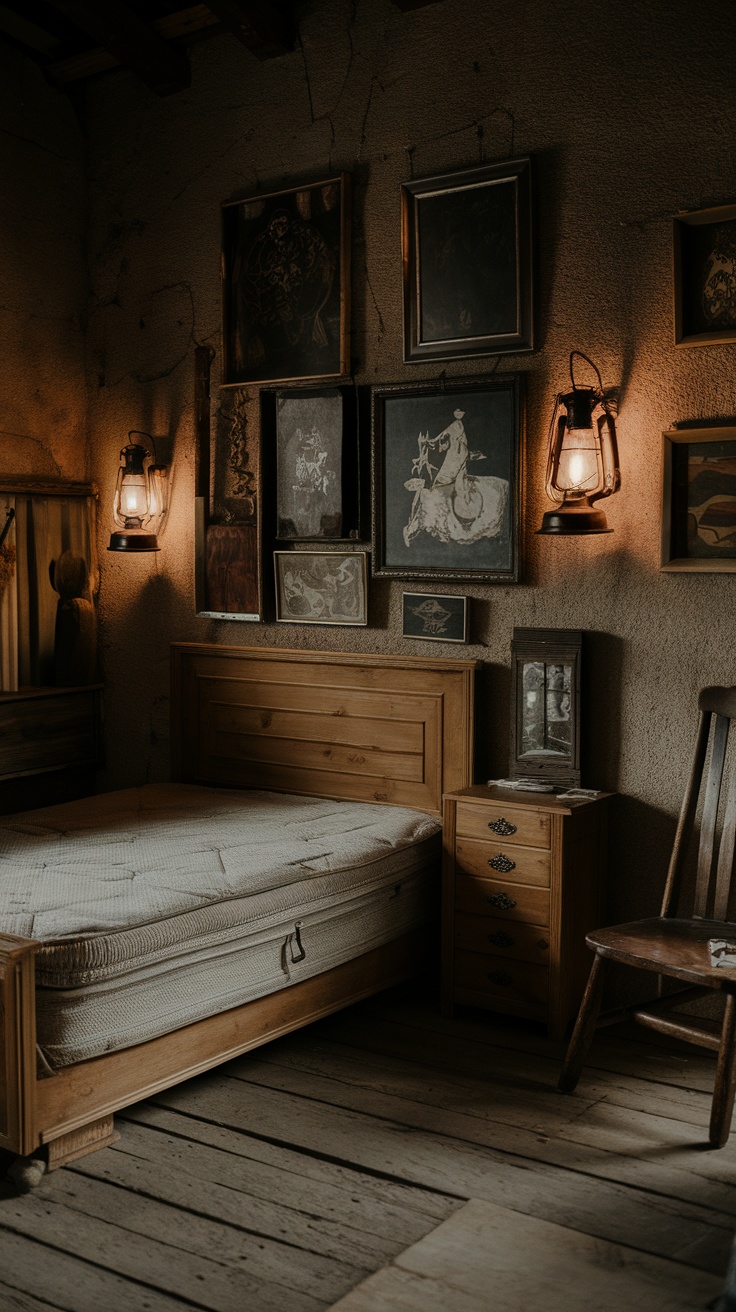 A cozy bedroom with antique western art on the walls, creating a warm atmosphere.