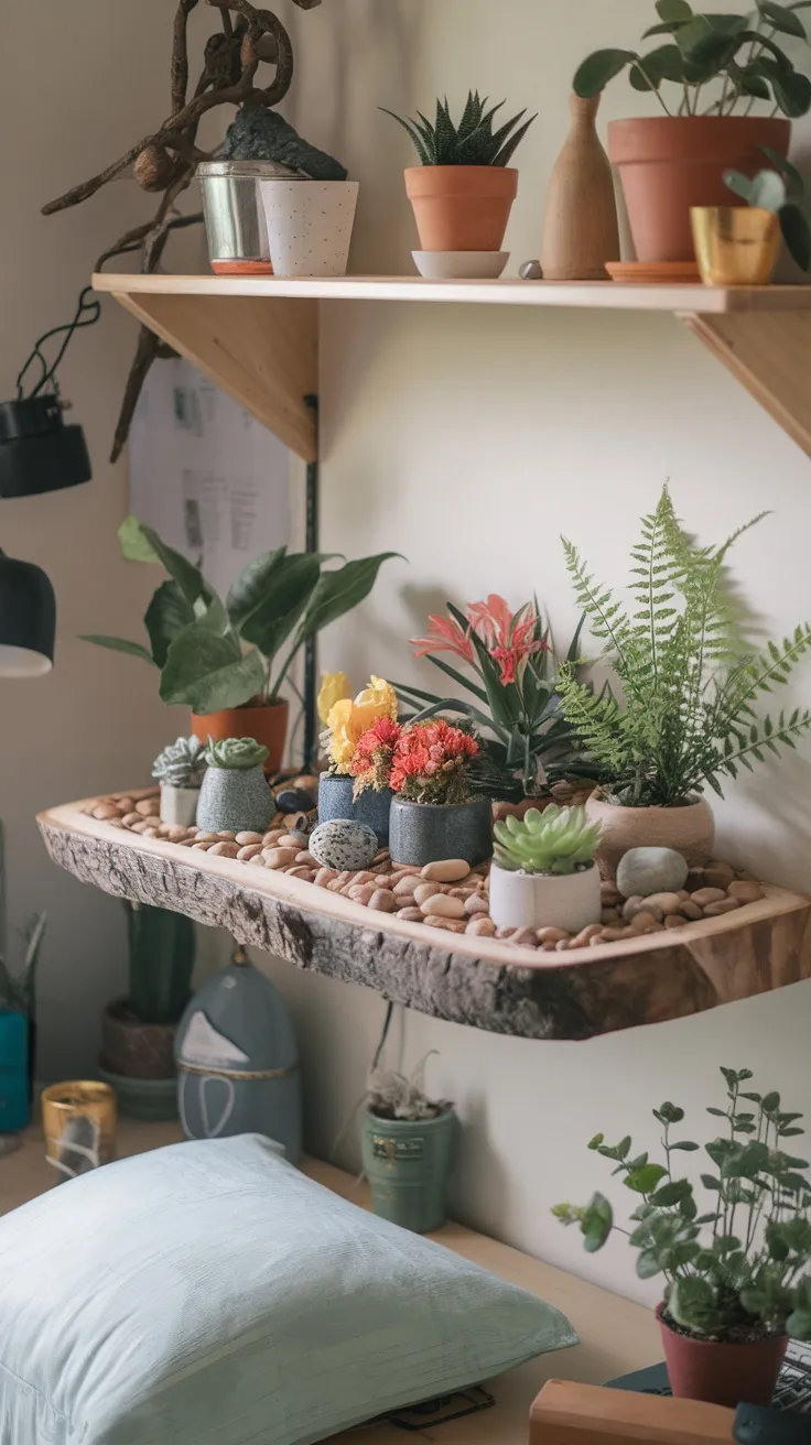 A floating shelf with various potted plants, decorative stones, and a cozy setup in a bedroom