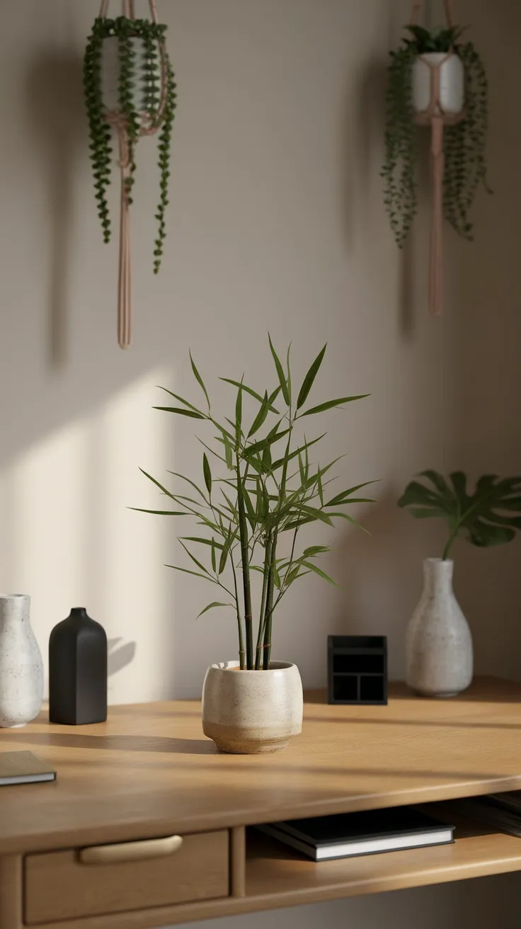 A desk with a small bamboo plant in a pot, accompanied by decorative vases and hanging plants.