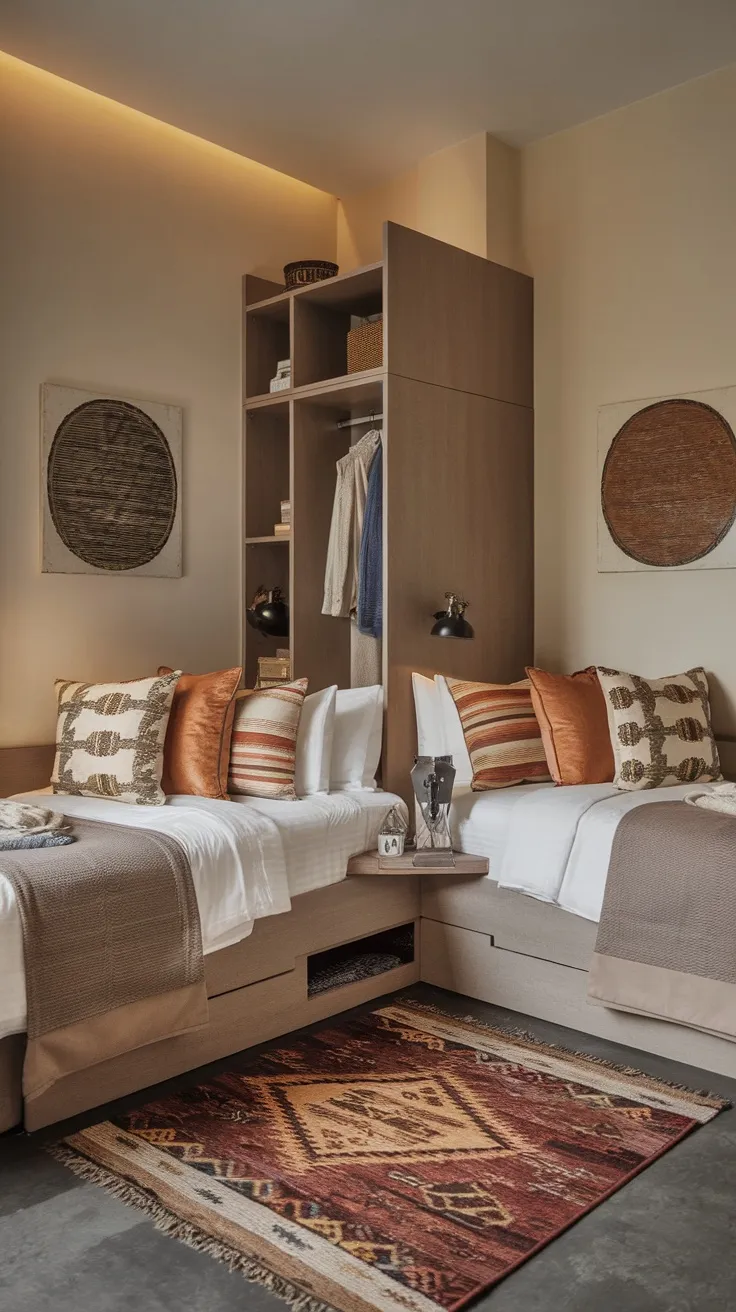 Two beds arranged in an L-shape in a cozy room with decorative pillows and a patterned rug.