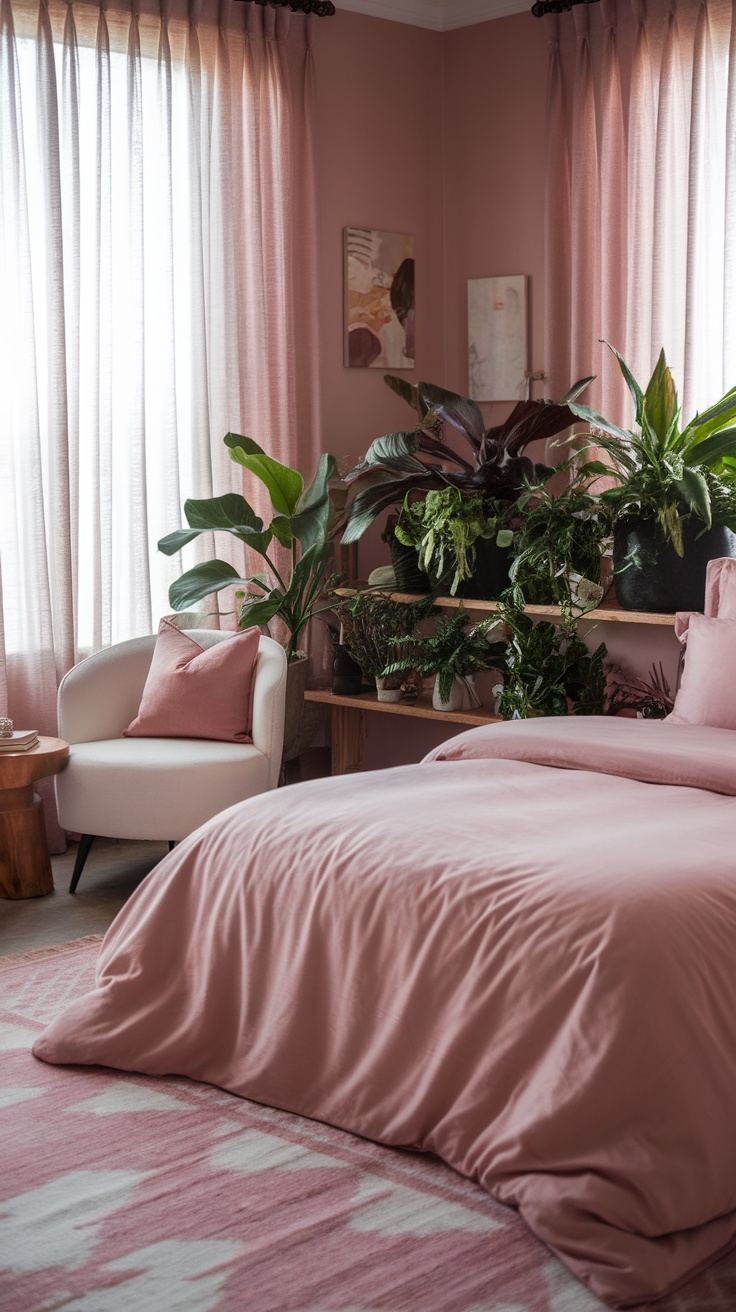 A dusty pink bedroom featuring plants, a cozy chair, and soft textures.