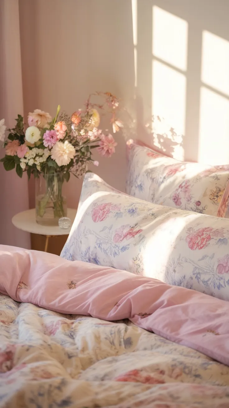 Cozy bedroom with floral bedding and a vase of flowers