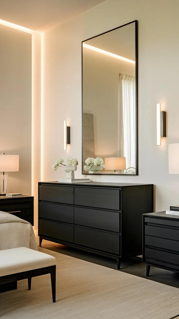 A sleek black dresser with a frameless mirror in a modern bedroom setting