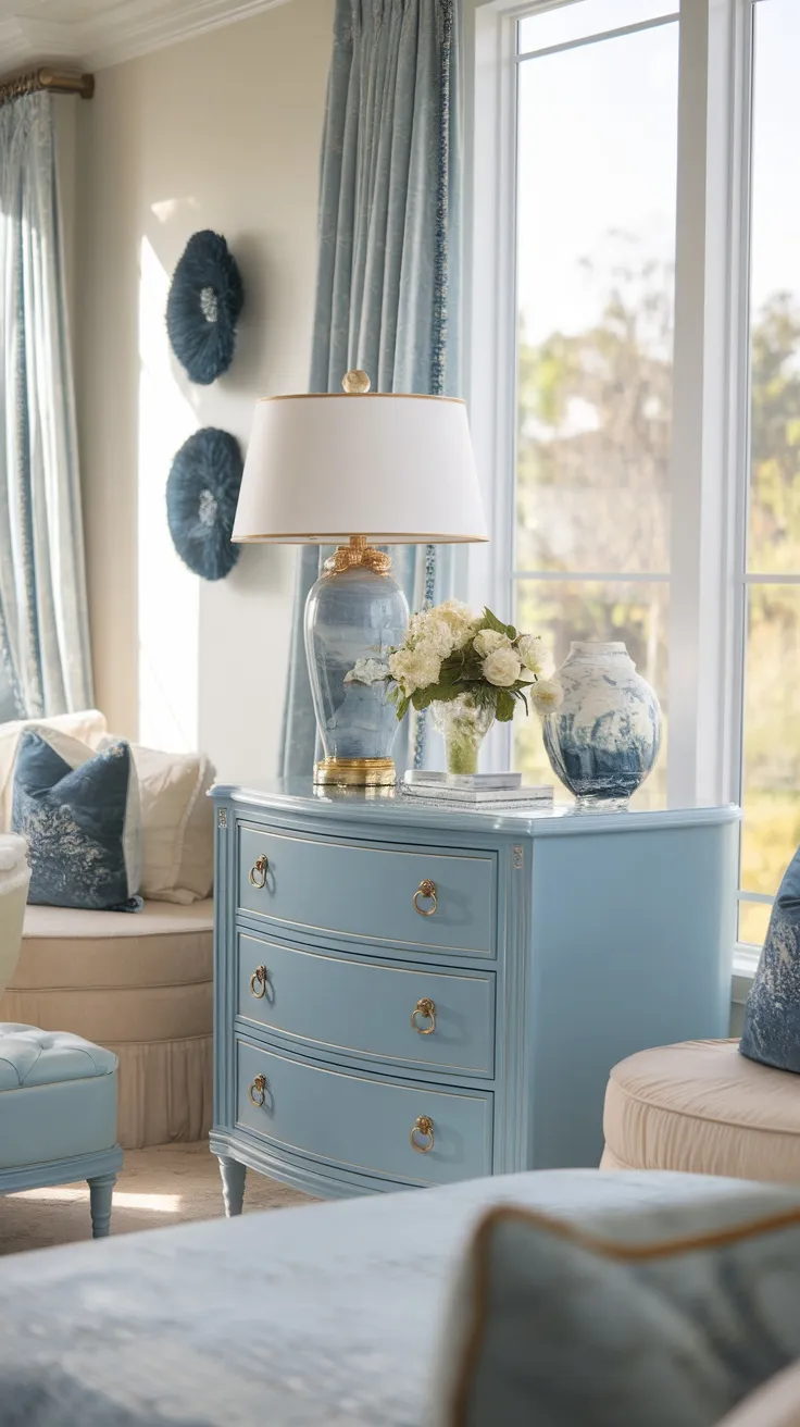 A blue dresser with gold drawer pulls, decorated with a lamp and flowers, in a bright bedroom setting.