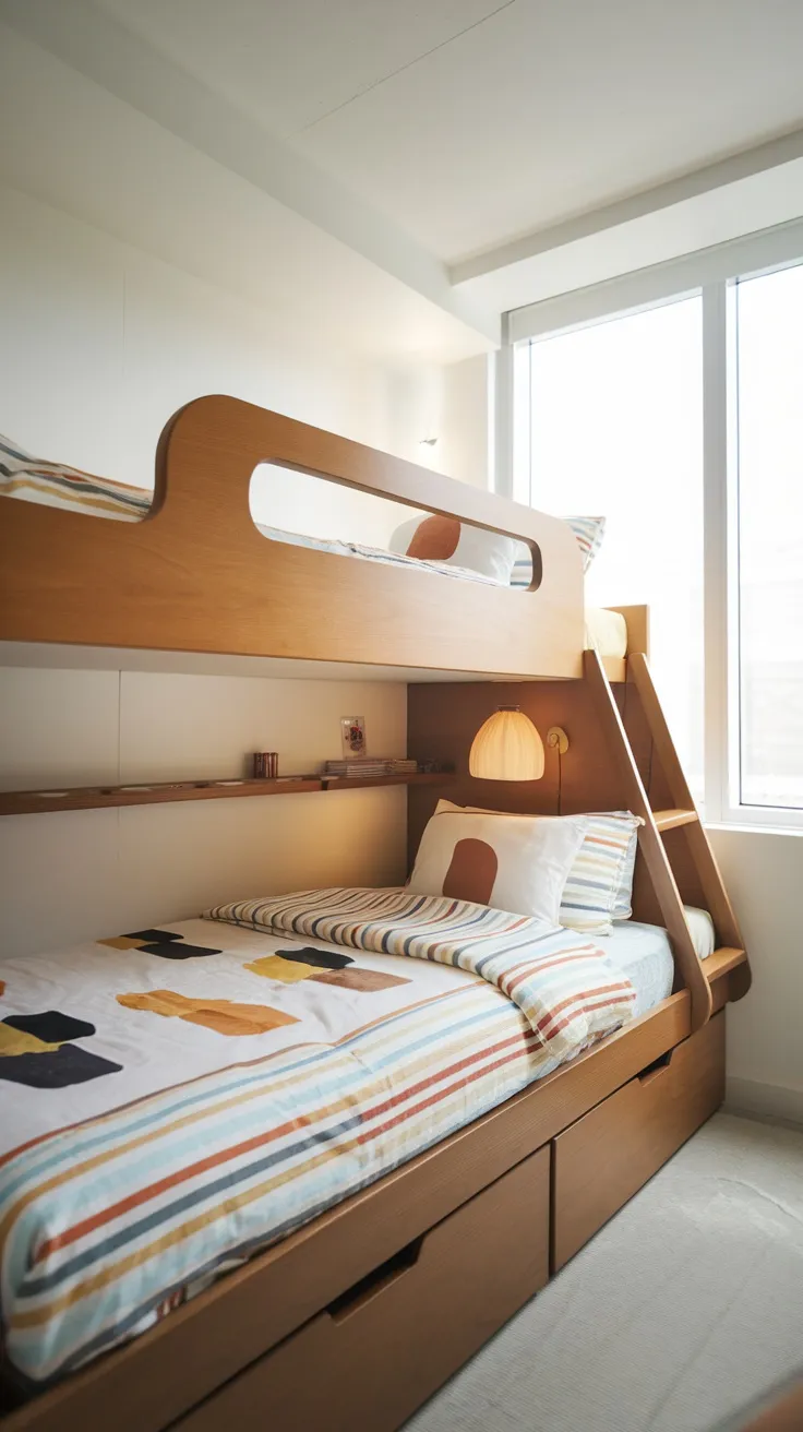 Stylish wooden bunk bed with colorful bedding and lamp in a bright room