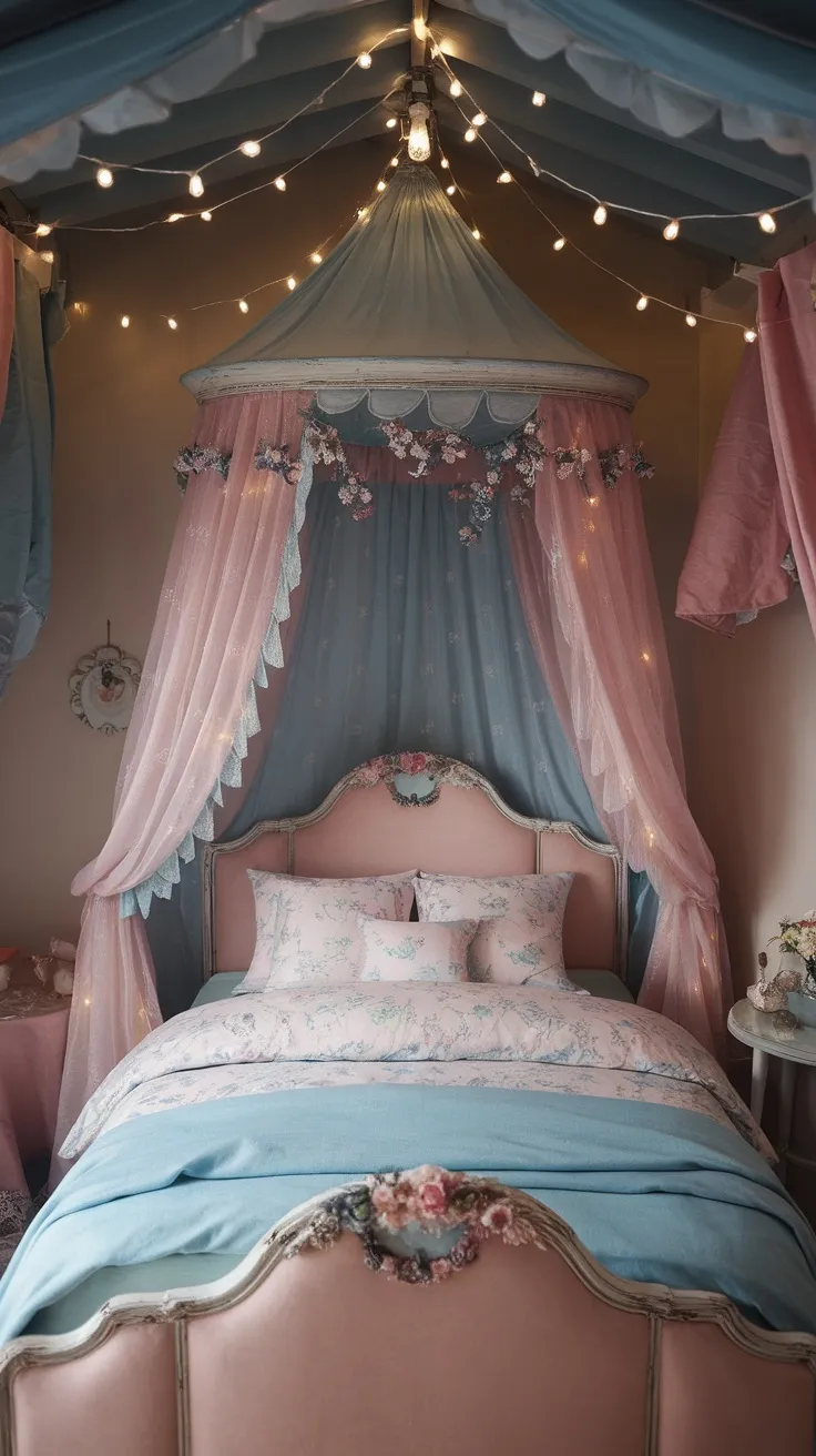 A cozy bedroom featuring a canopy bed with sheer drapes in light blue and pink colors, adorned with fairy lights and floral patterns.
