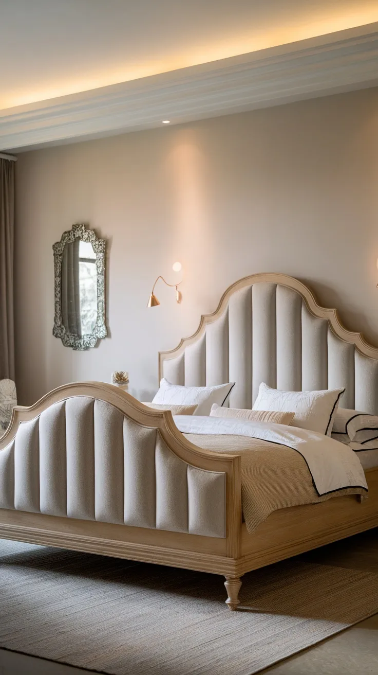 A stylish bedroom featuring a classic wooden bed frame with a modern upholstered headboard, soft color palette, and decorative mirror.
