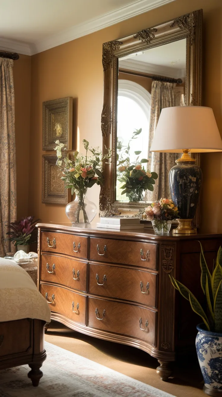 A classic wooden dresser with a large framed mirror, flowers, and a lamp in a cozy bedroom