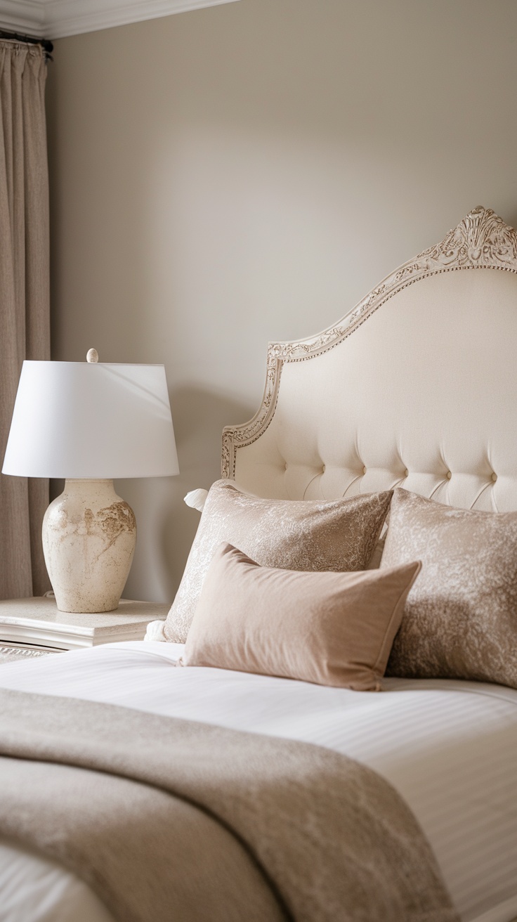 Cozy cream and white bedroom with a decorative headboard and soft pillows.