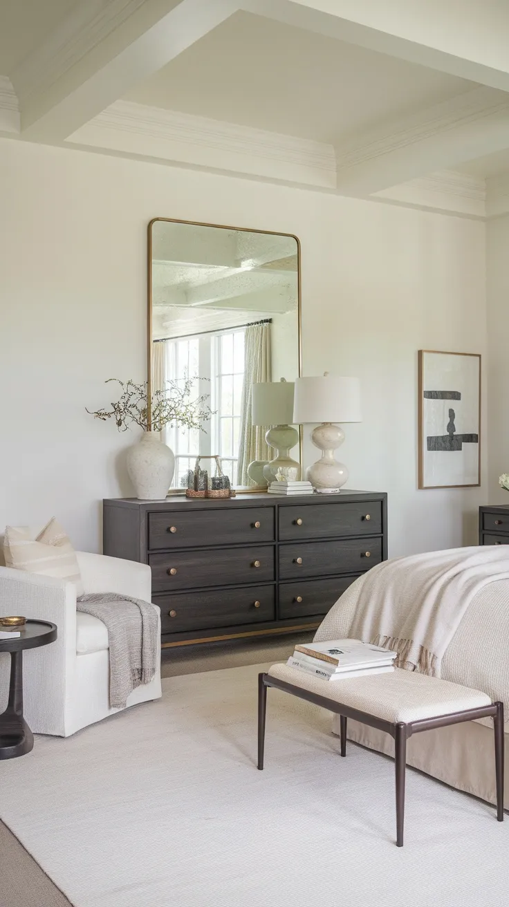 A modern bedroom featuring a dark wood dresser, light walls, and a large mirror reflecting the room.