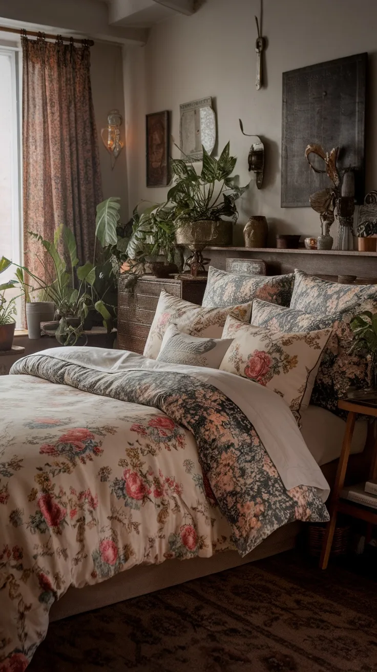 A cozy bedroom featuring floral patterned bedding and plants, giving a warm and inviting cottagecore vibe.
