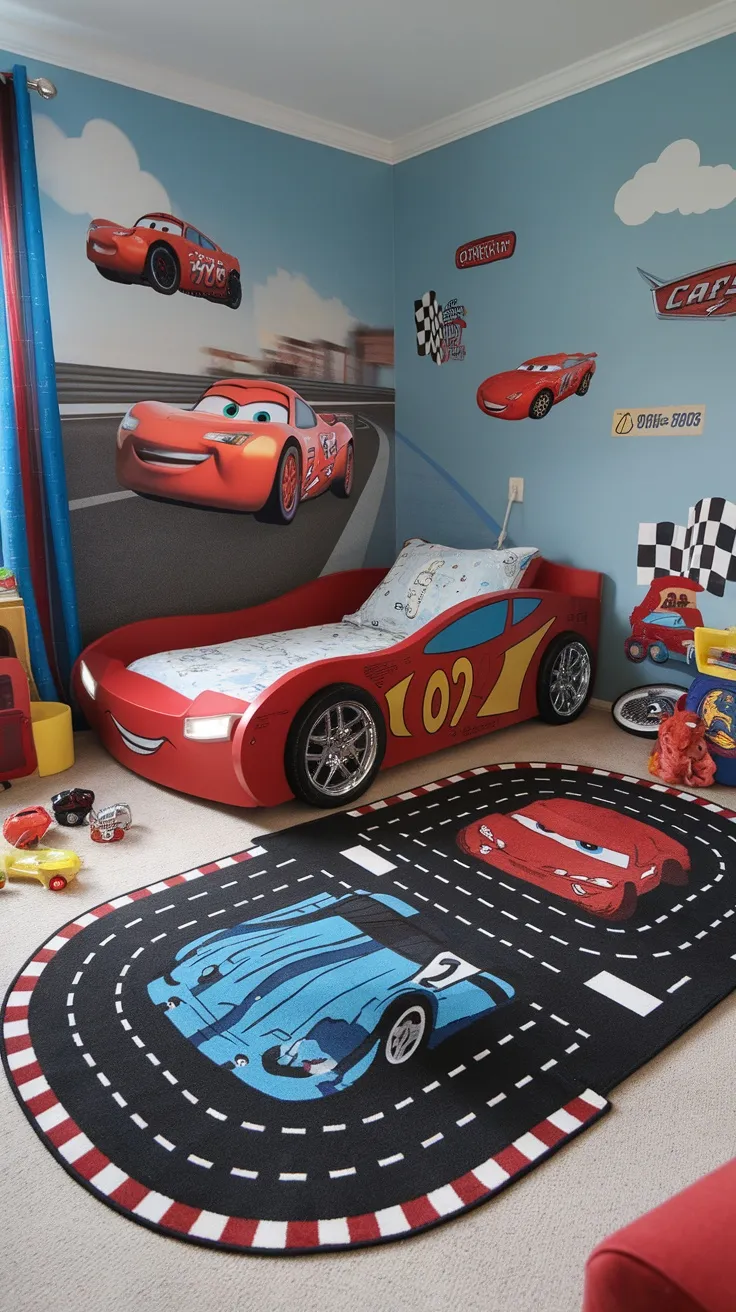 A toddler boy's bedroom decorated with a car theme, including a race car bed and car decals on the wall.