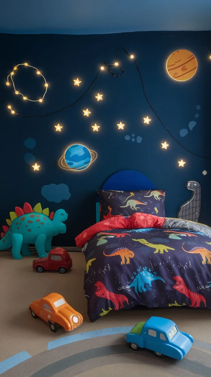 A playful bedroom for a little boy featuring dinosaur and space themes.