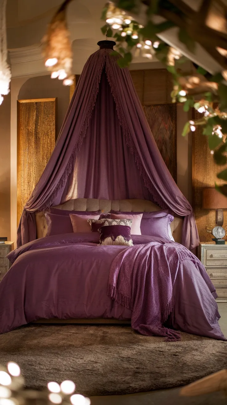 A luxurious purple bedspread with matching pillows and a cozy ambiance in a bedroom