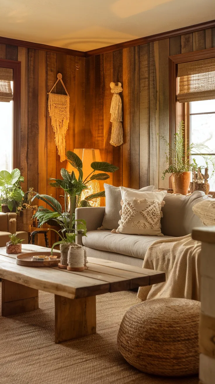 Cozy living room with rustic wood paneling, plants, and soft furnishings.