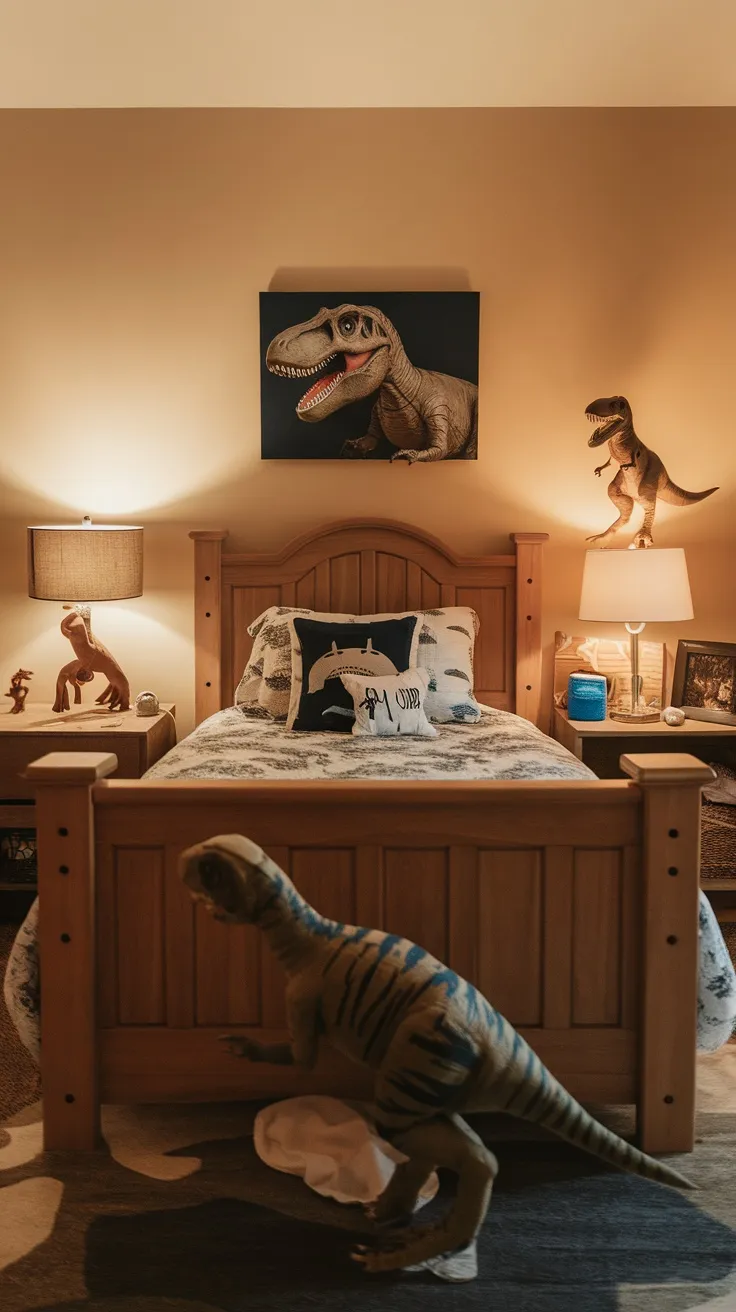 A wooden bed frame in a boy's bedroom with dinosaur decorations.