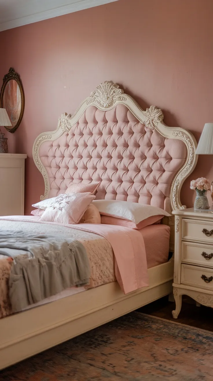 A beautifully tufted pink headboard in a vintage bedroom with soft bedding and a carved nightstand.