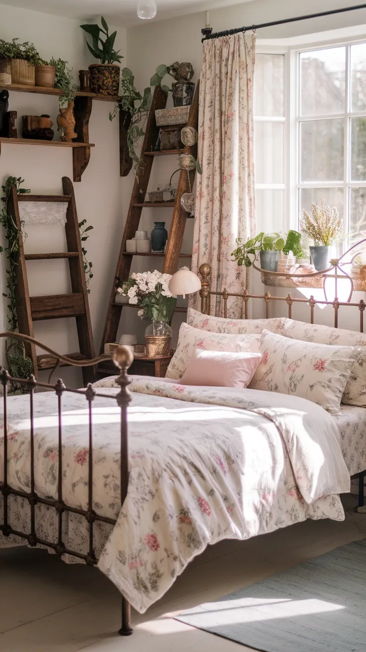 A cozy bedroom featuring a vintage iron bed frame with floral bedding and wooden shelves filled with plants.
