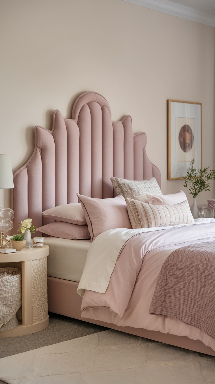 A stylish dusty pink upholstered headboard with a unique design in a cozy bedroom setting.