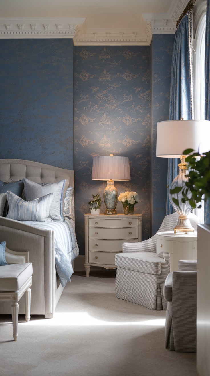 Elegant bedroom featuring blue wallpaper with gold patterns, light furniture, and soothing decor.